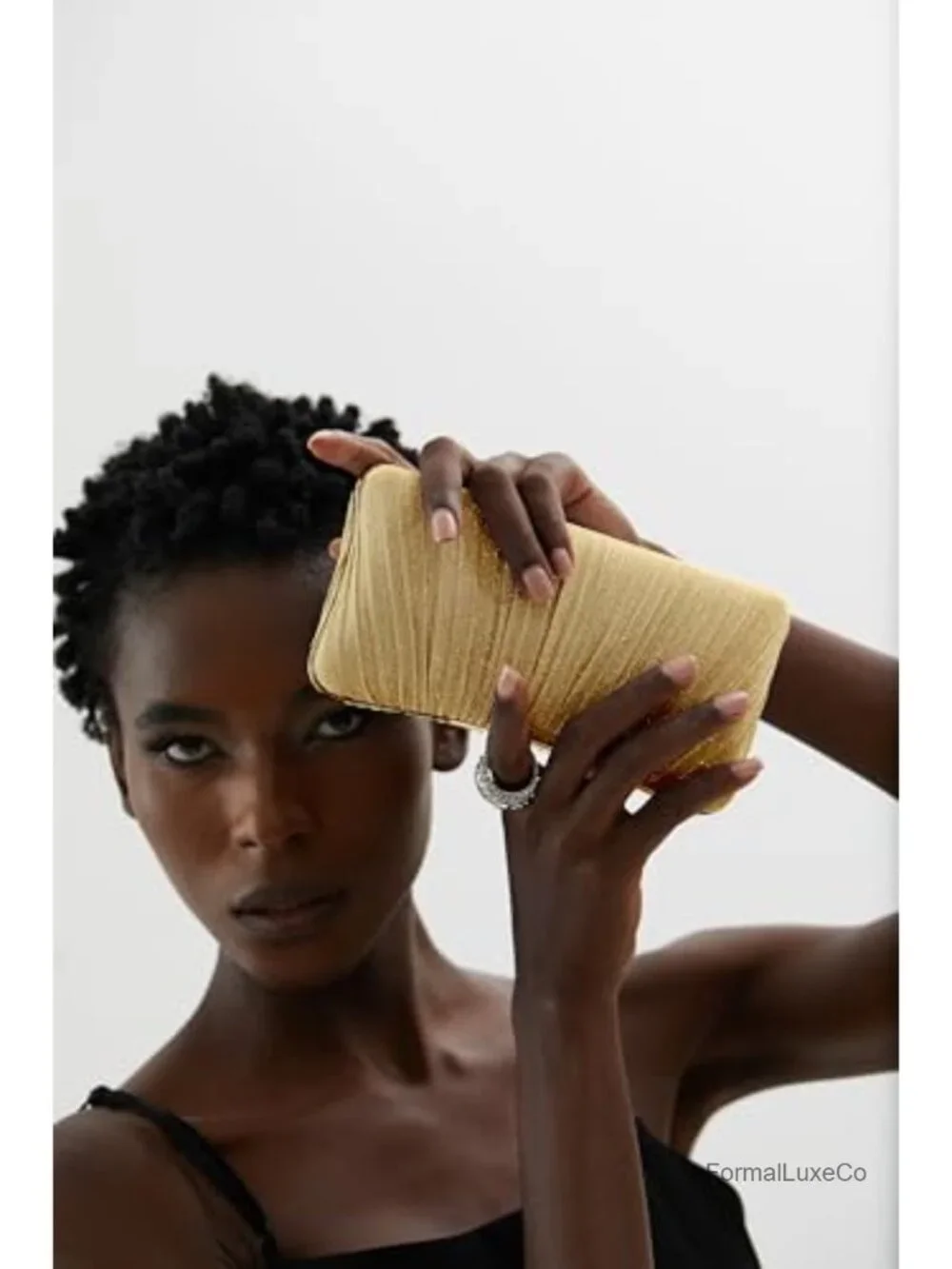 Faux Leather Glitter Pleated Clutch Purse with Rhinestone Ring Evening Bag for